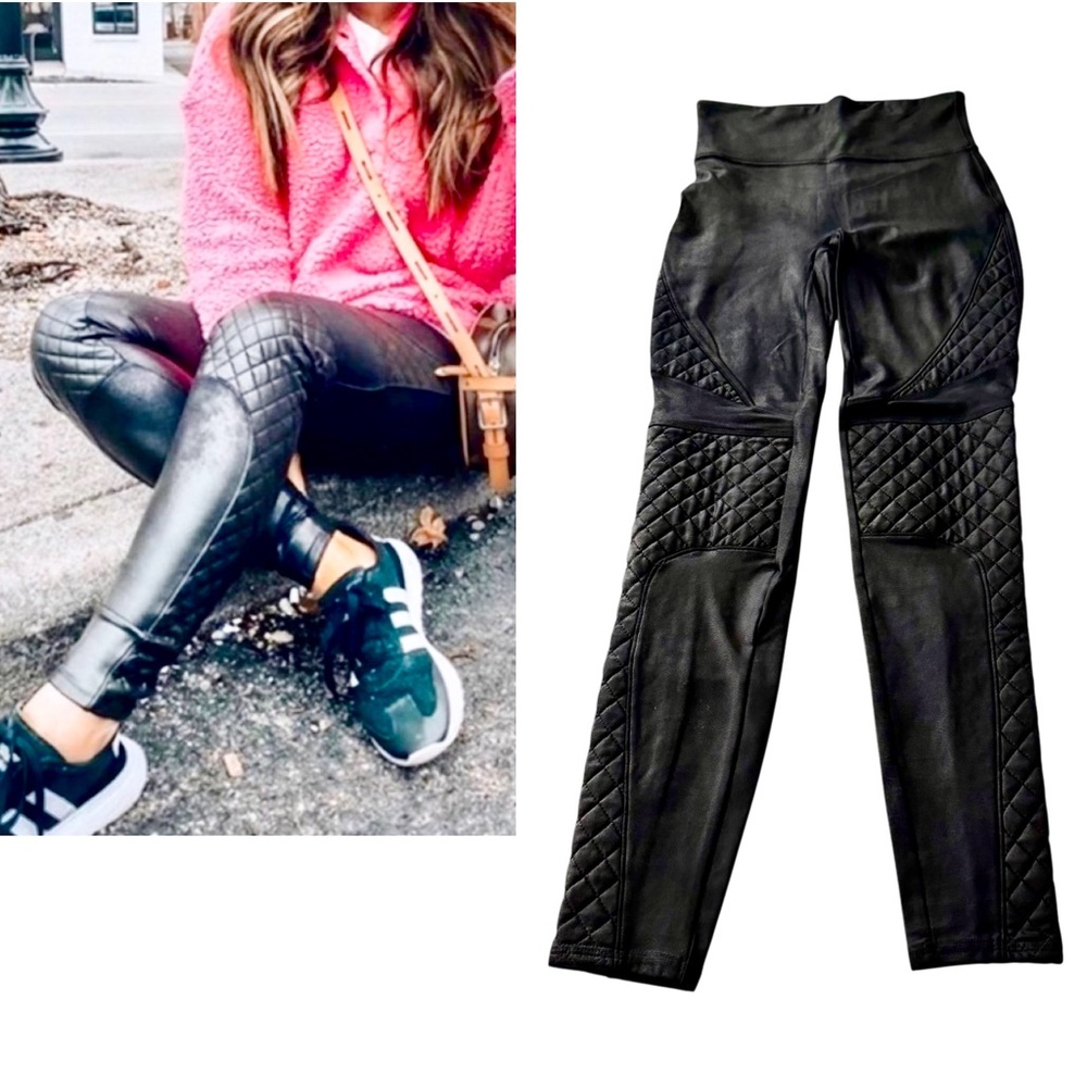 Spanx Black Quilted Faux Leather Moto Biker Leggings Size Small